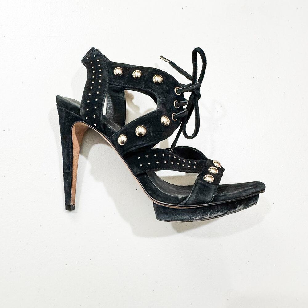 Rebecca Minkoff Ilima Black Suede Leather Platform Open Toe Heel Sandal Size 6.5